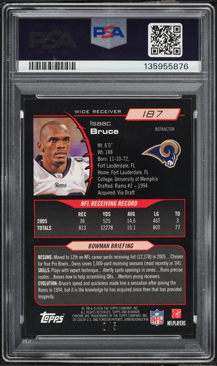 2006 Bowman Chrome Red Refractor Isaac Bruce /5 #187 PSA 8 NM-MT - Photo 2