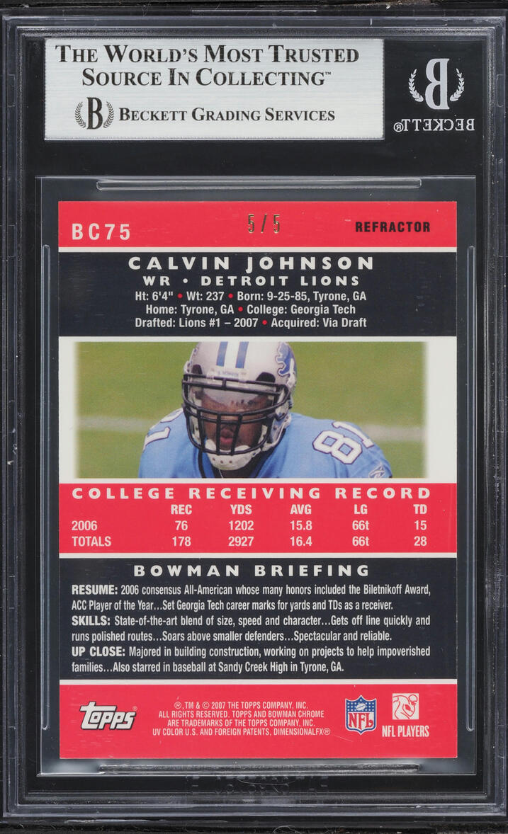 2007 Bowman Chrome Red Refractor Calvin Johnson ROOKIE 5/5 #BC75 BGS 8.5 NM-MT+ - Photo 2