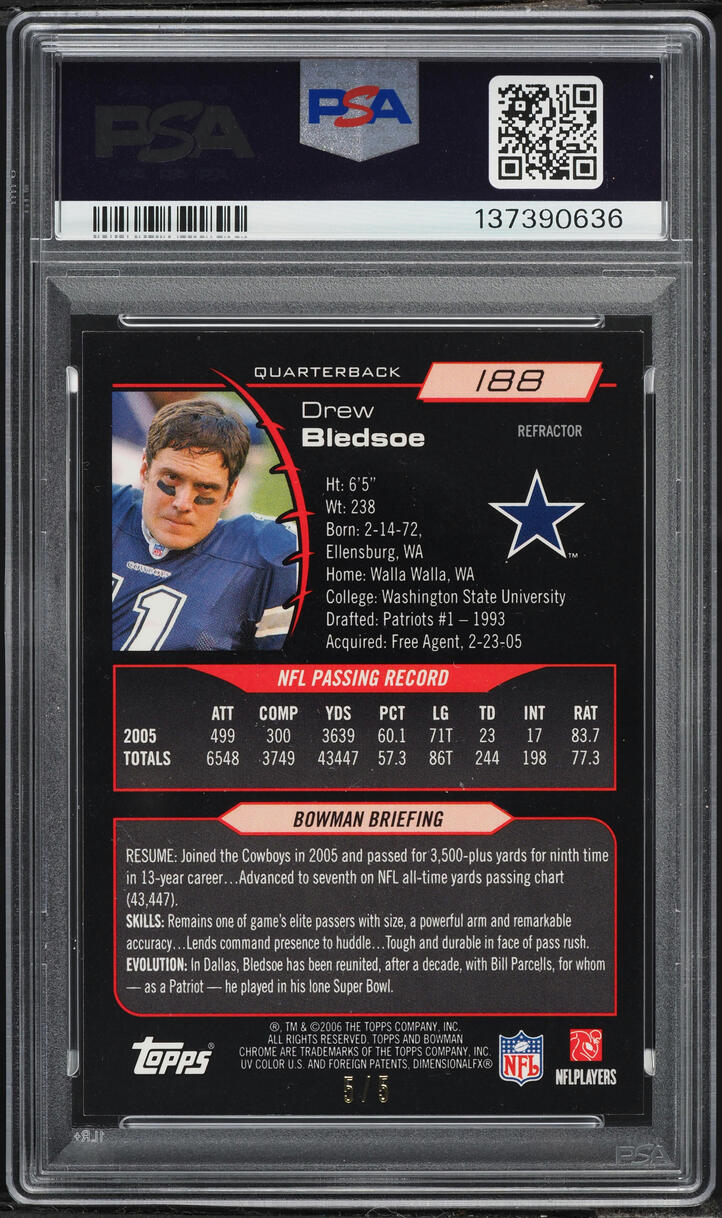 2006 Bowman Chrome Red Refractor Drew Bledsoe 5/5 #188 PSA 9 MINT - Photo 2