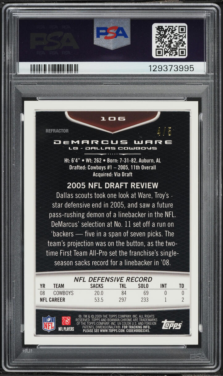 2009 Bowman Chrome Red Refractor Demarcus Ware /5 #106 PSA 9 MINT - Photo 2