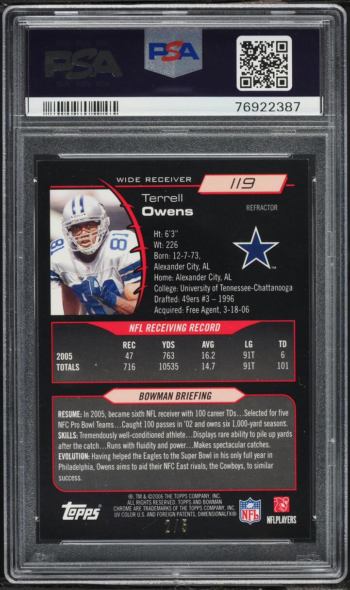 2006 Bowman Chrome Red Refractor Terrell Owens /5 #119 PSA 9 MINT - Photo 2