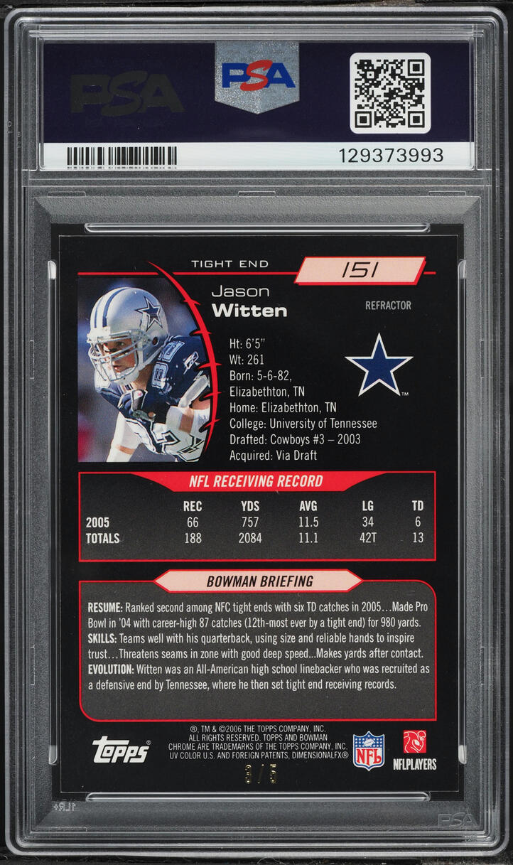 2006 Bowman Chrome Red Refractor Jason Witten /5 #151 PSA 9 MINT - Photo 2