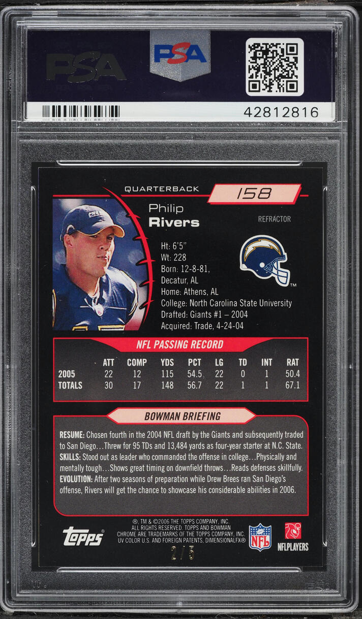 2006 Bowman Chrome Red Refractor Philip Rivers /5 #158 PSA 10 GEM MINT - Photo 2