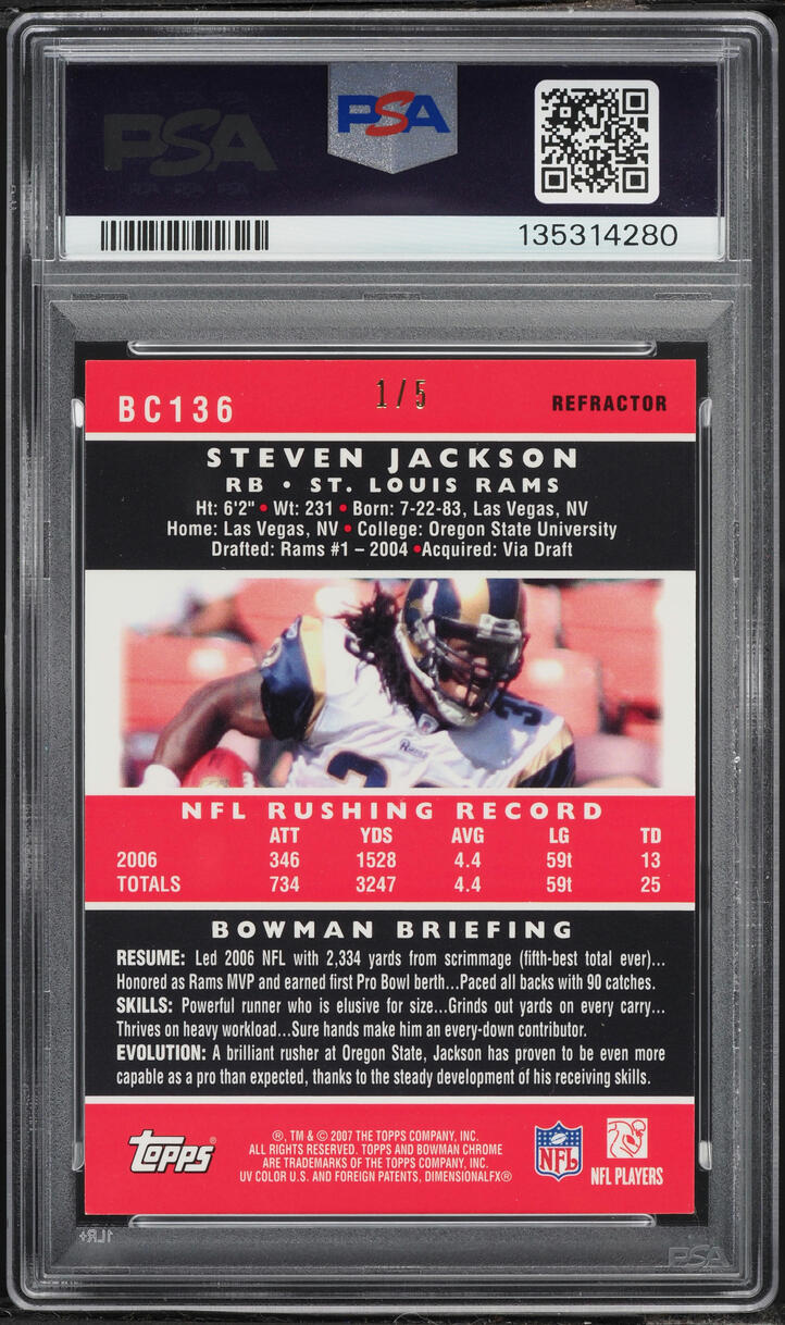 2007 Bowman Chrome Red Refractor Steven Jackson 1/5 #BC136 PSA 9 MINT - Photo 2
