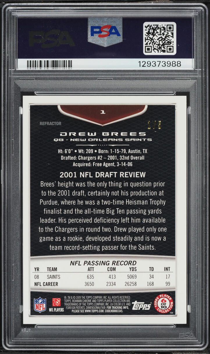 2009 Bowman Chrome Red Refractor Drew Brees 1/5 #1 PSA 6 EXMT - Photo 2