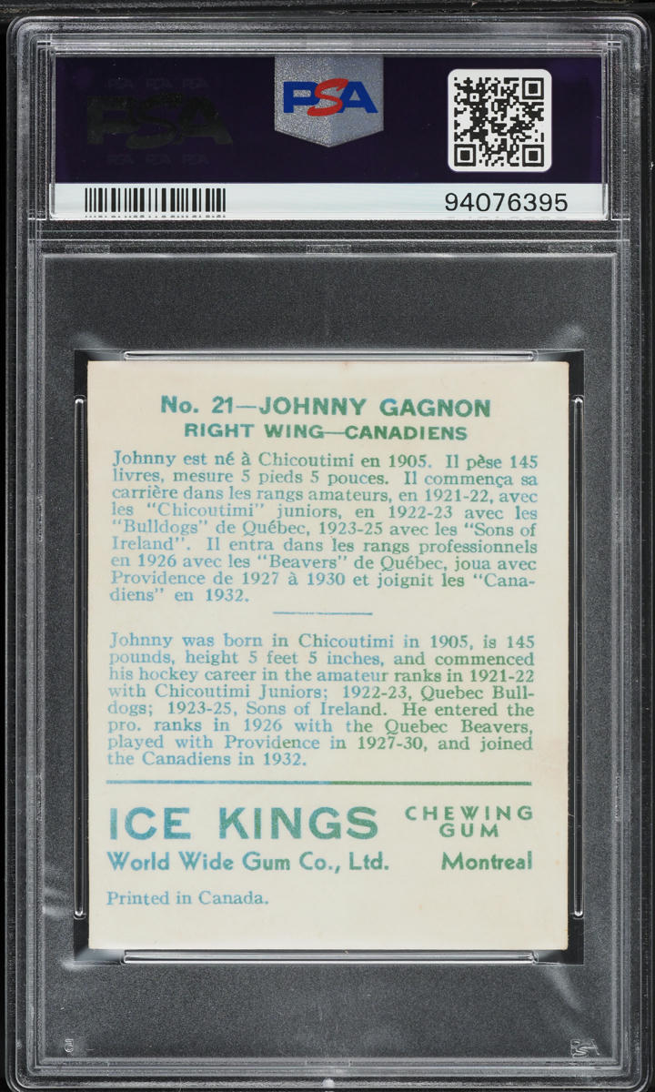 1933 World Wide Gum Ice Kings Johnny Gagnon #21 PSA 2 GD