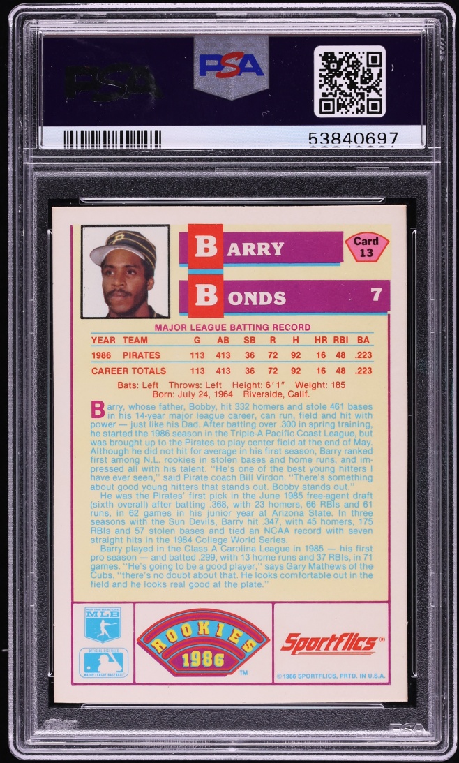 1986 Sportflics Barry Bonds ROOKIE #13 PSA 10 GEM MINT