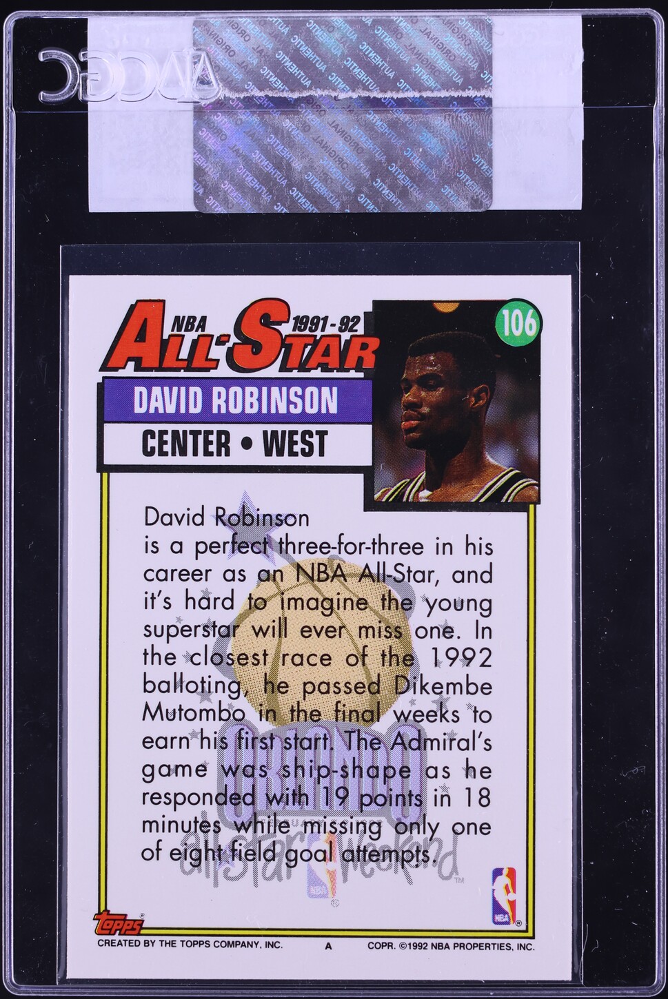 1992 Topps All-Star David Robinson #106 CGC AUTH