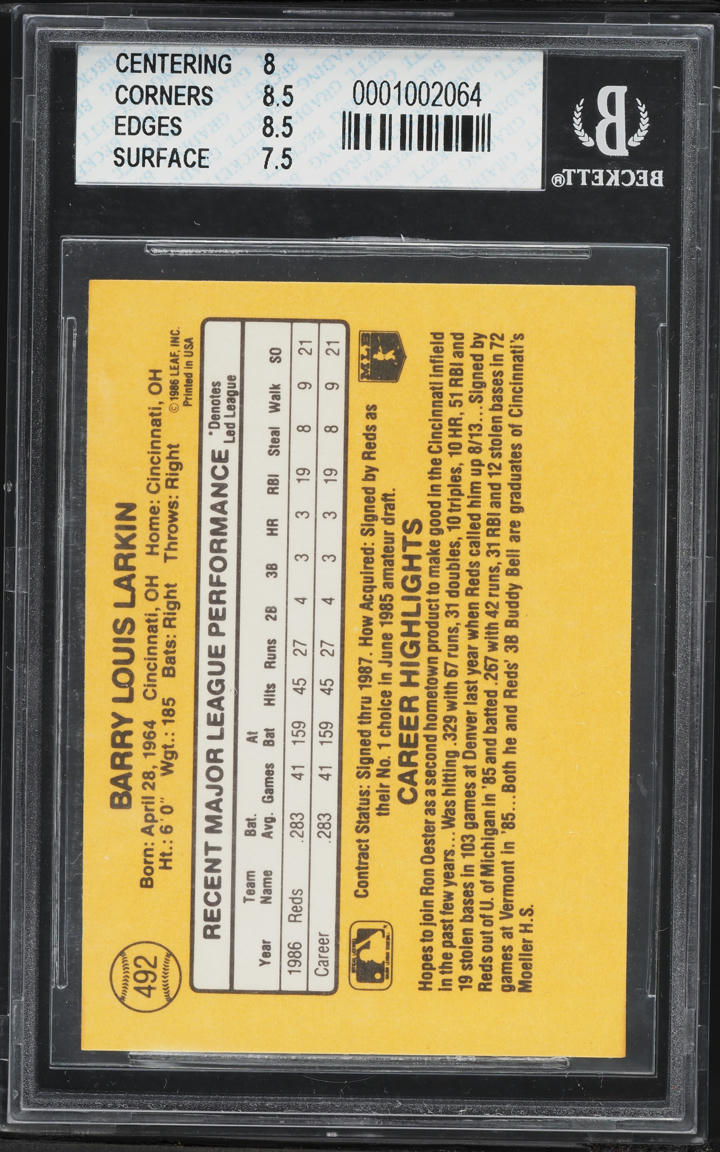 1987 Donruss Barry Larkin ROOKIE #492 BGS 8 NM-MT