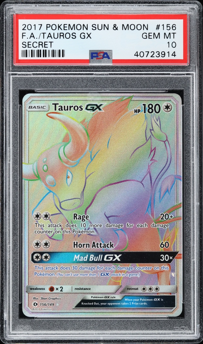 2017 Pokemon Sun & Moon Rainbow Rare Tauros GX #156 PSA 10 GEM MINT