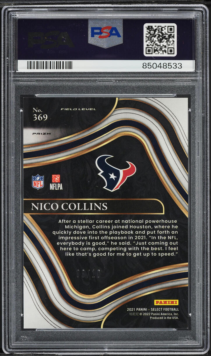 2021 Select Field Level Gold Prizm Nico Collins ROOKIE /10 #369 PSA 10 GEM MINT - Photo 2