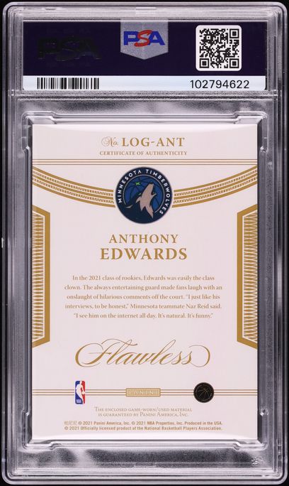 2020 Panini Flawless Anthony Edwards ROOKIE NBA LOGOMAN PATCH JSY # 1/1 #LOG-ANT PSA 9 MINT