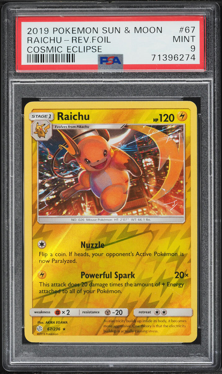 2019 Pokemon Sun & Moon Cosmic Eclipse Reverse Holo Raichu #67 PSA 9 MINT