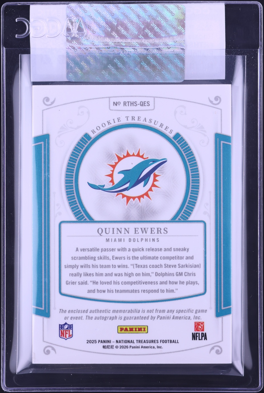2025 National Treasures Platinum Quinn Ewers ROOKIE SHIELD PATCH AUTO 1/1 #RTHS-QES CGC AUTH