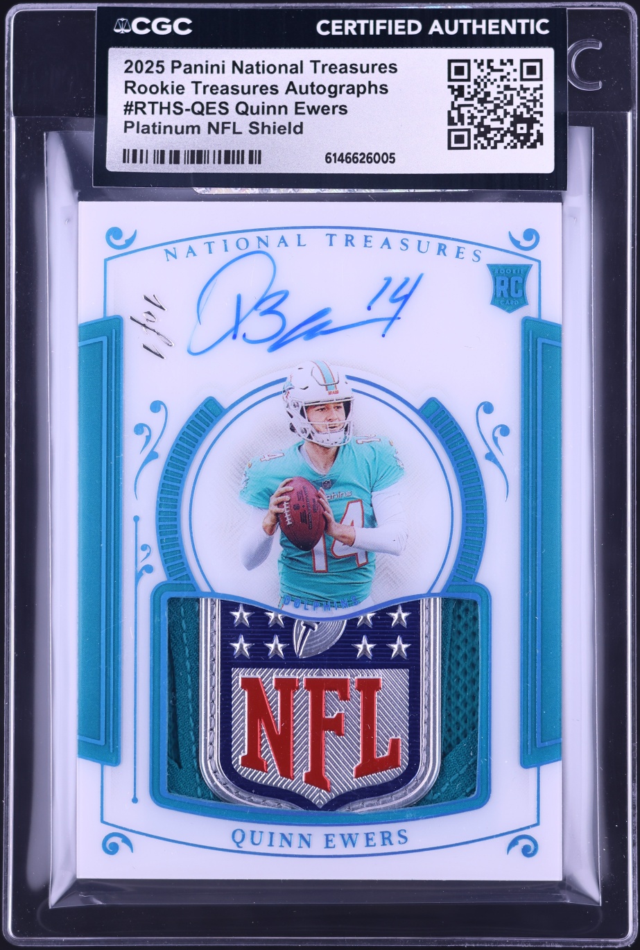 2025 National Treasures Platinum Quinn Ewers ROOKIE SHIELD PATCH AUTO 1/1 #RTHS-QES CGC AUTH