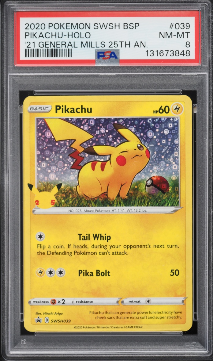 2020 Pokemon Sword & Shield Promo General Mills Sequin Holo Pikachu #39 PSA 8 NM-MT