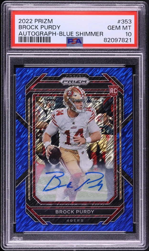 2022 Panini Prizm Blue Shimmer Brock Purdy ROOKIE AUTO /25 #353 PSA 10 GEM MINT