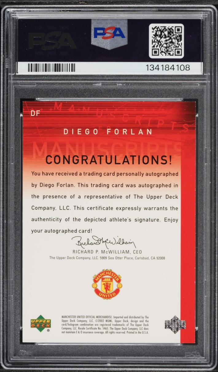 2002 Upper Deck Manchester United Manuscripts Red Diego Forlan ROOKIE AUTO /200 PSA 8 NM-MT