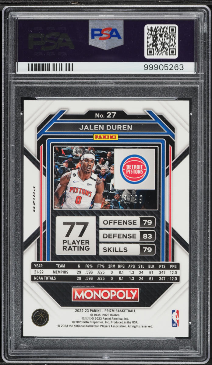 2022 Panini Prizm Monopoly Red Jalen Duren ROOKIE /99 #27 PSA 8 NM-MT