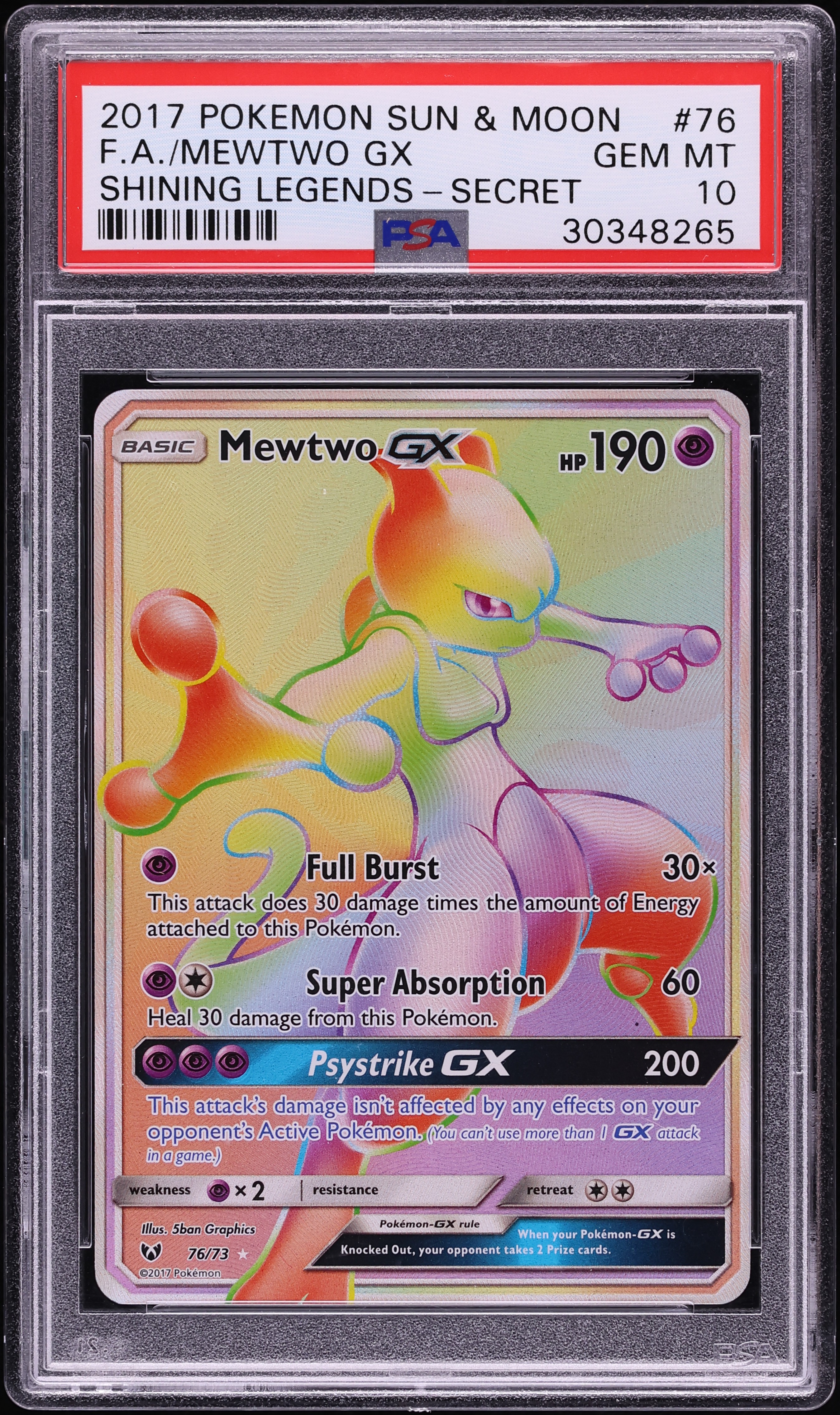 2017 Pokemon Sun & Moon Shining Legends Rainbow Rare Mewtwo GX #76 PSA 10 GEM MINT