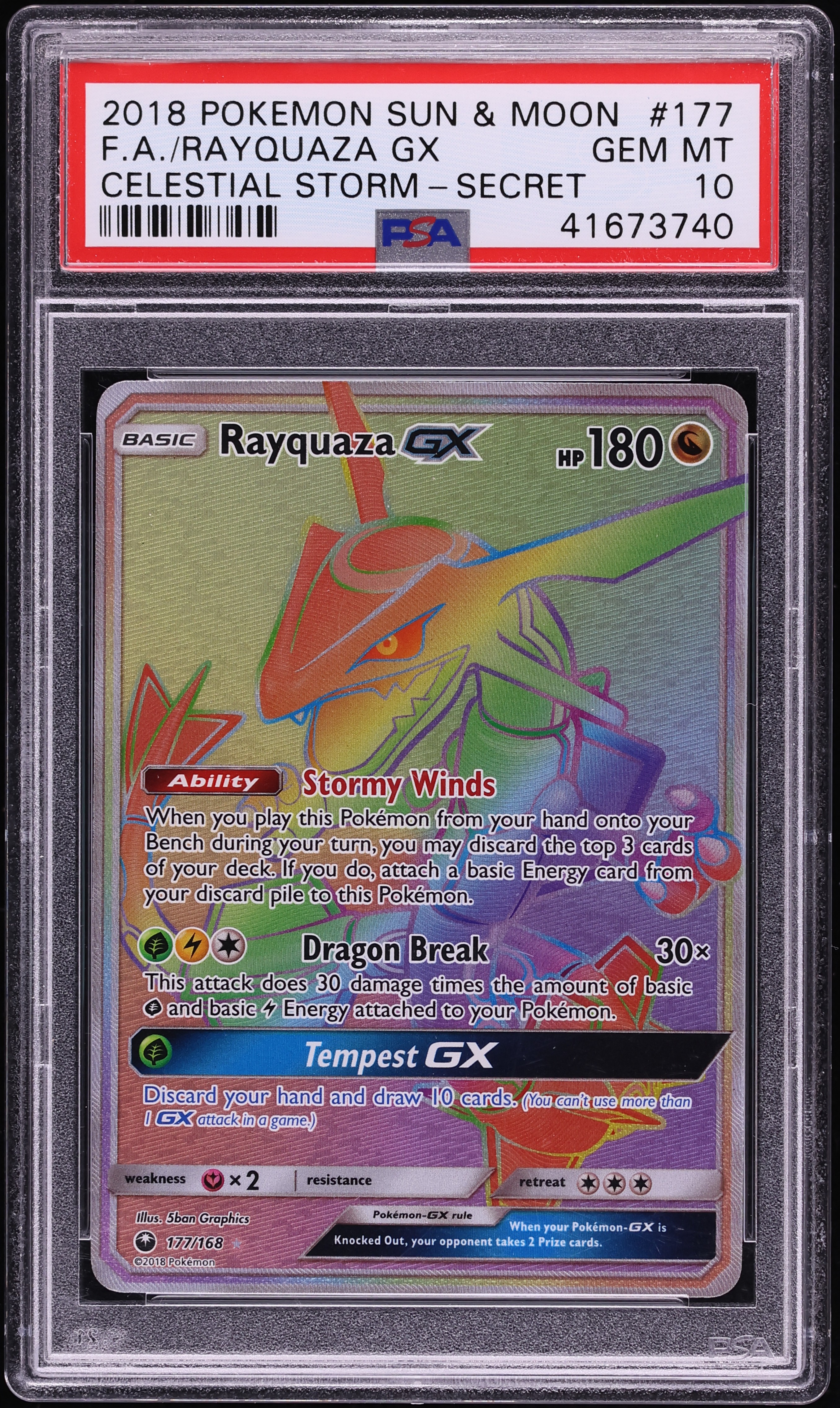 2018 Pokemon Sun & Moon Celestial Storm Rainbow Rare Rayquaza GX #177 PSA 10 GEM MINT