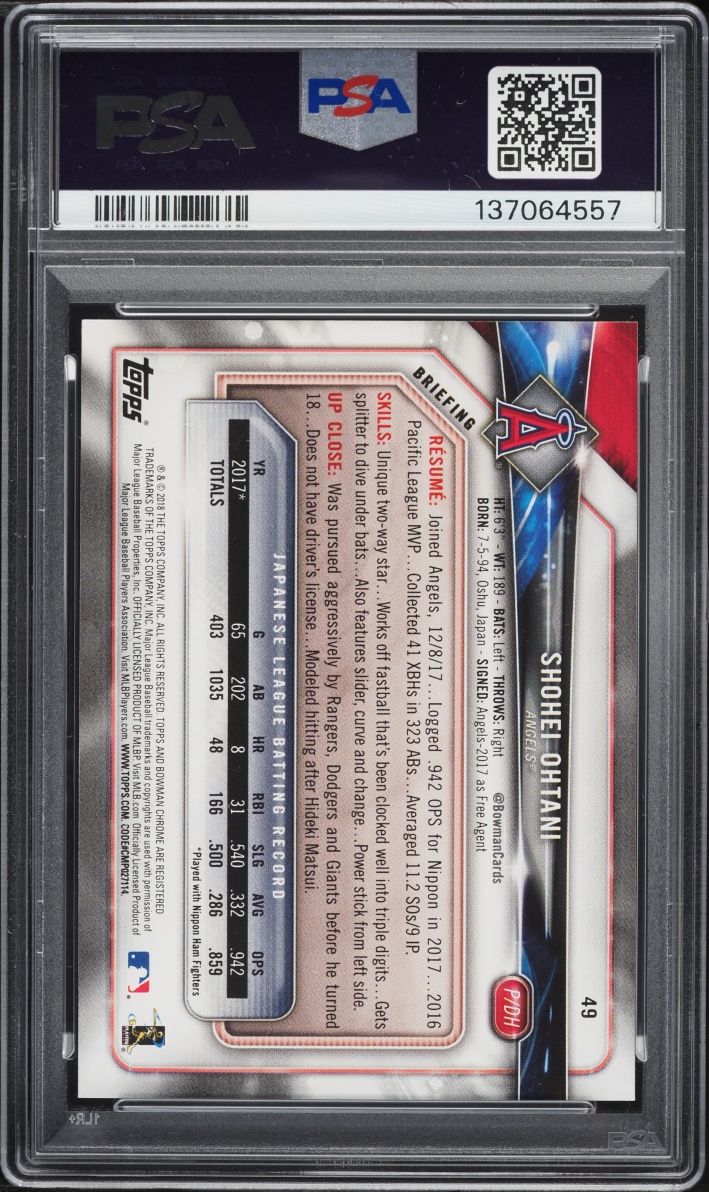 2018 Bowman Shohei Ohtani ROOKIE #49 PSA 9 MINT
