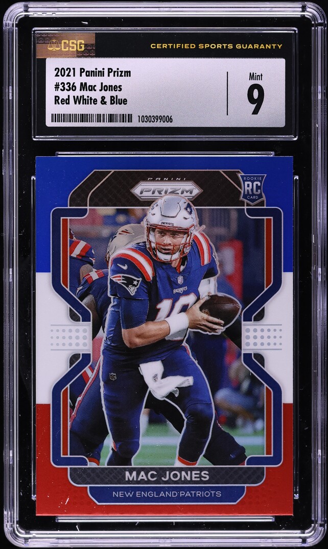2021 Panini Prizm Red White & Blue Mac Jones ROOKIE #336 CSG 9 MINT