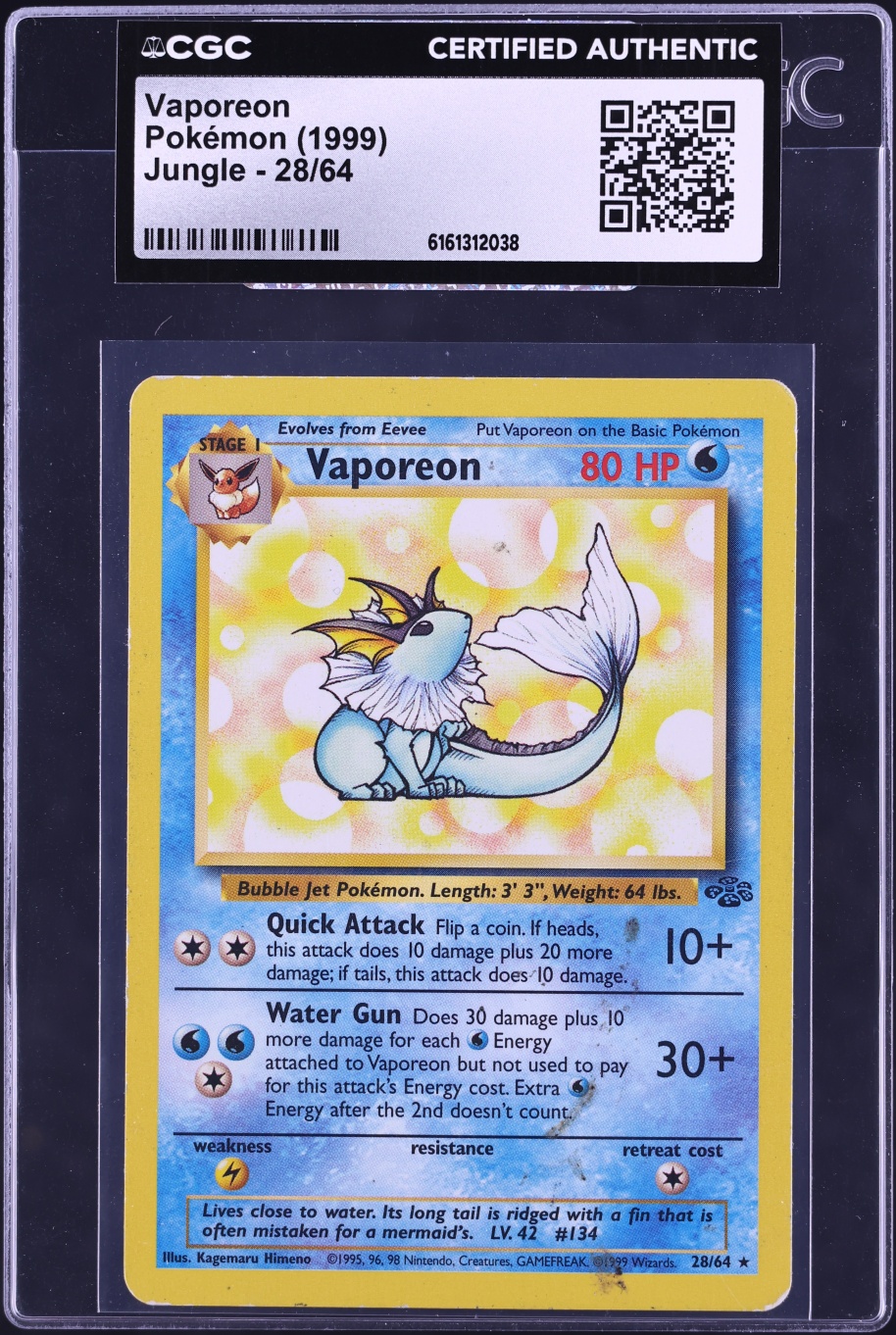 1999 Pokemon Jungle Vaporeon #28 CGC AUTH