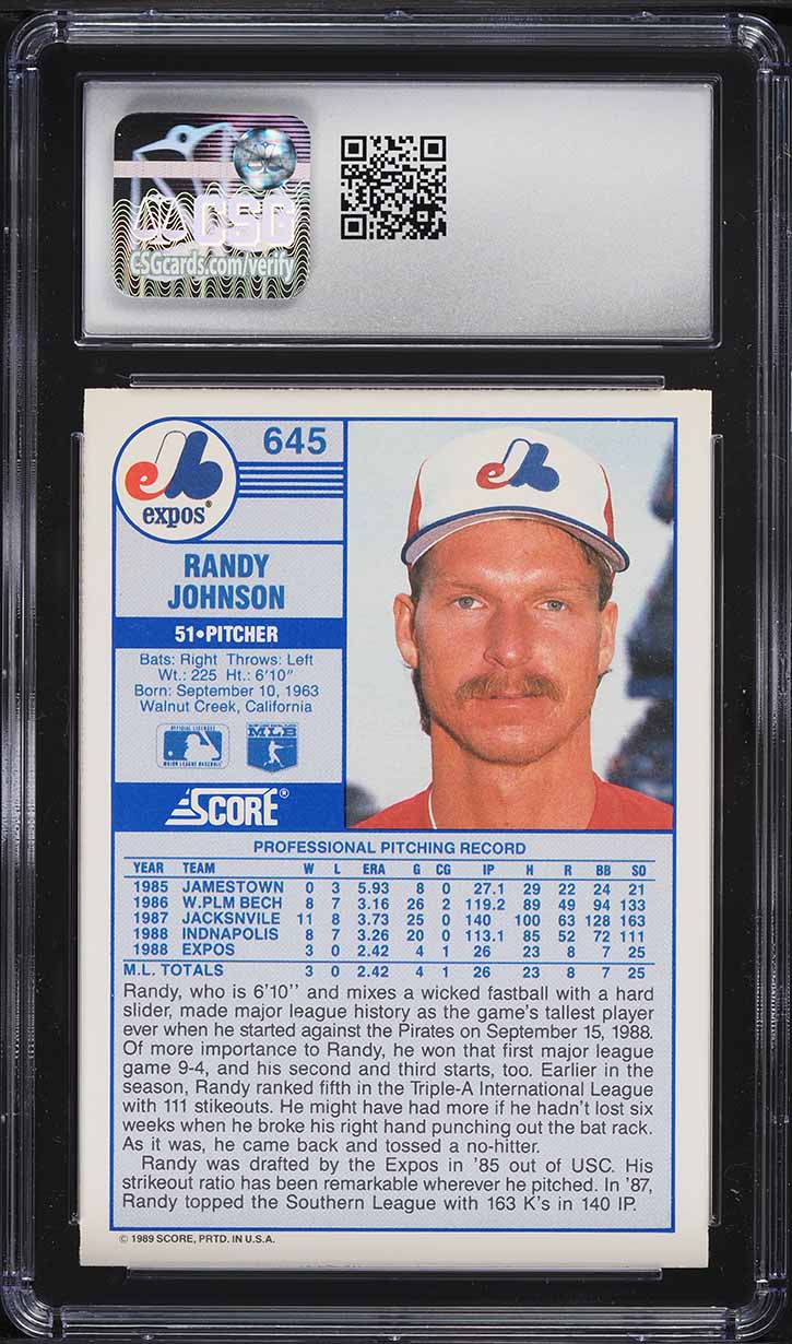 1989 Score Randy Johnson ROOKIE #645 CSG 8.5 NM-MT+