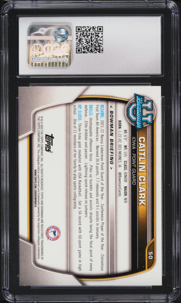 2022 Bowman Chrome University Caitlin Clark ROOKIE #50 CGC 9 MINT