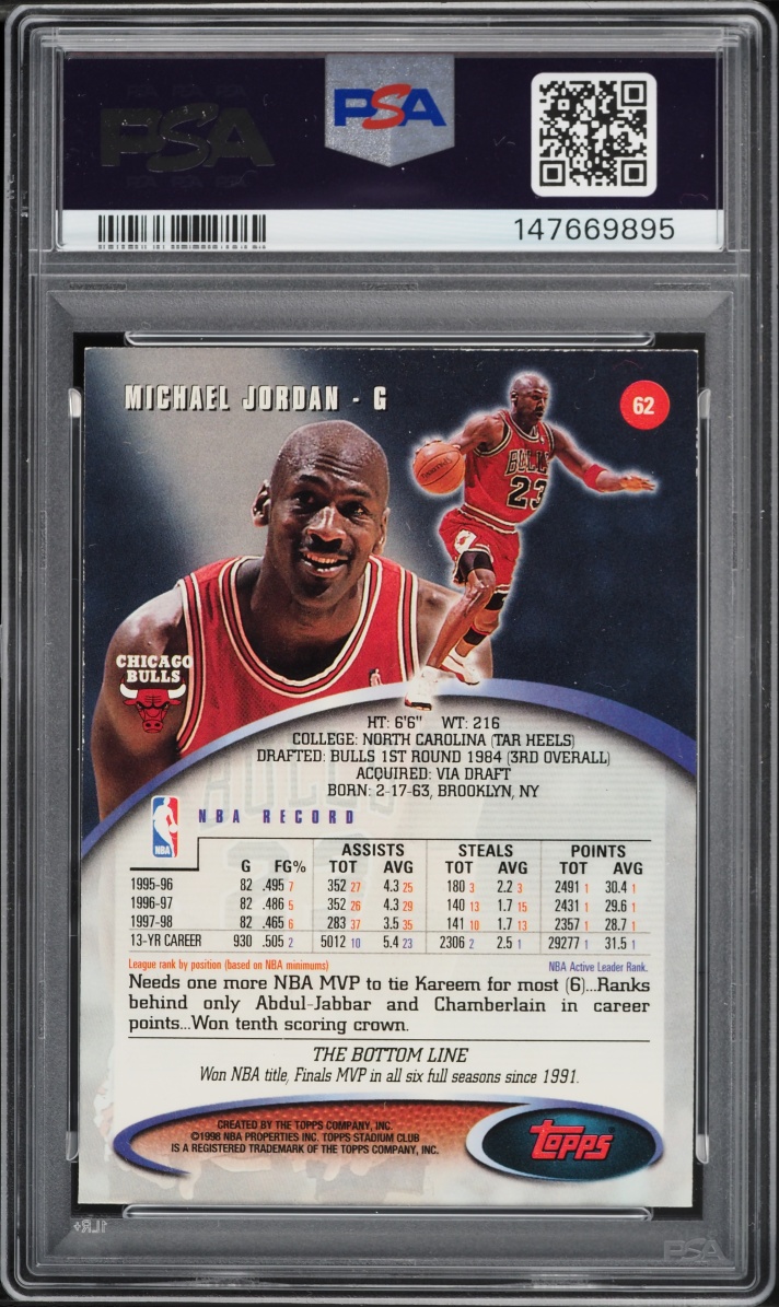 1998 Stadium Club Basketball Michael Jordan #62 PSA 7 NRMT