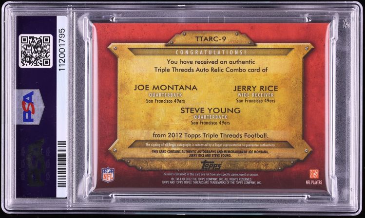 2012 Topps Triple Threads Joe Montana Jerry Rice Steve Young PATCH AUTO DNA 10 /27 PSA AUTH