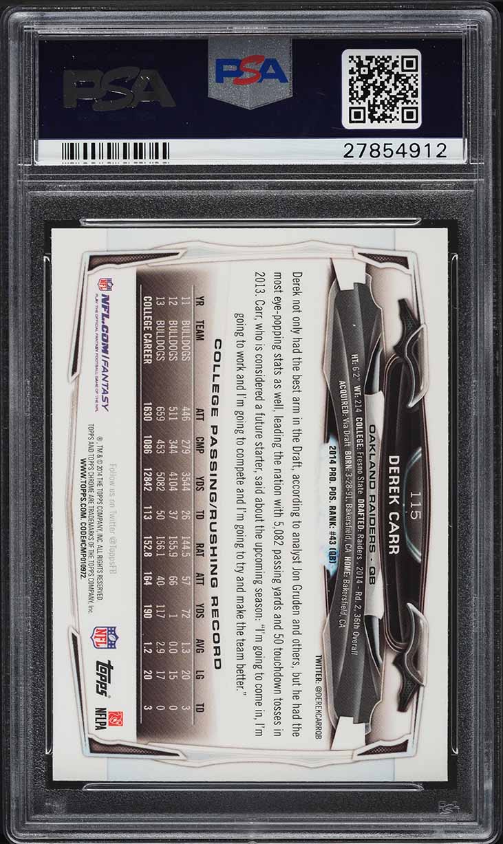 2014 Topps Chrome Refractor Derek Carr ROOKIE #115 PSA 10 GEM MINT
