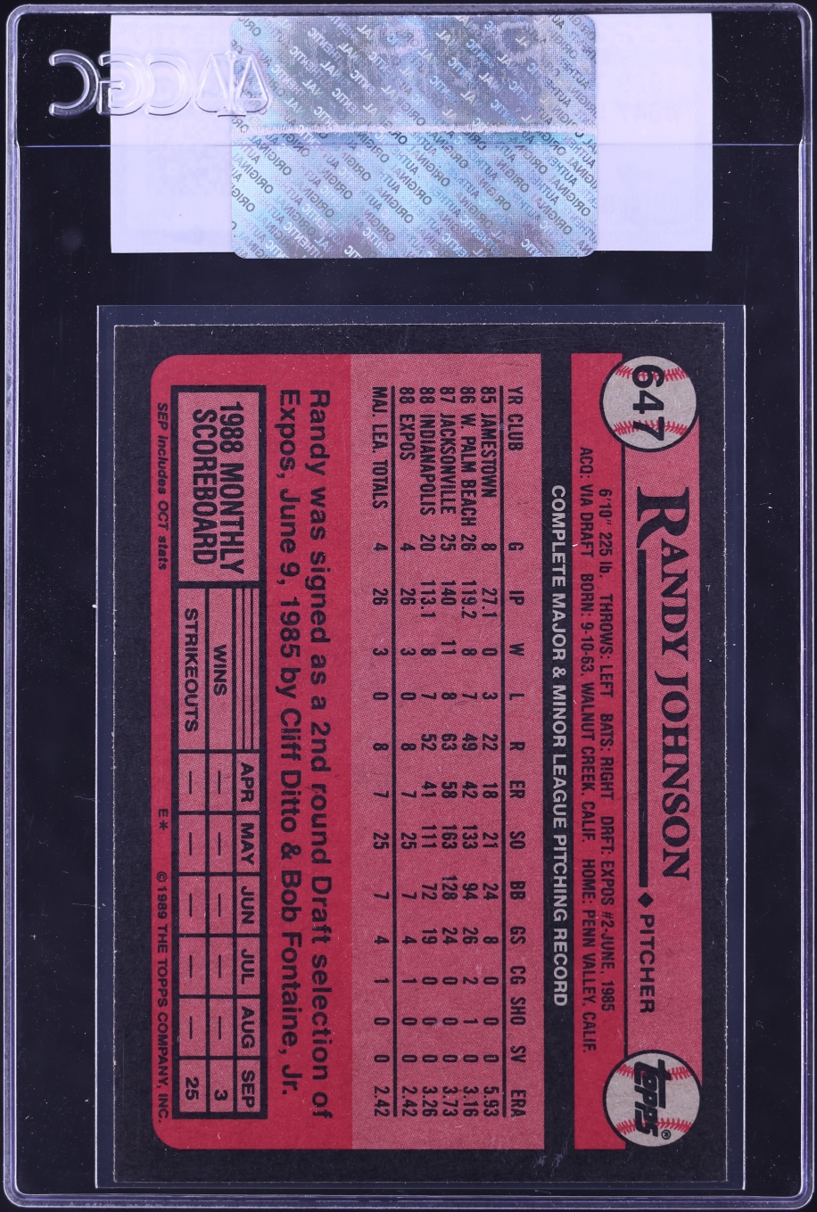 1989 Topps Randy Johnson ROOKIE #647 CGC AUTH