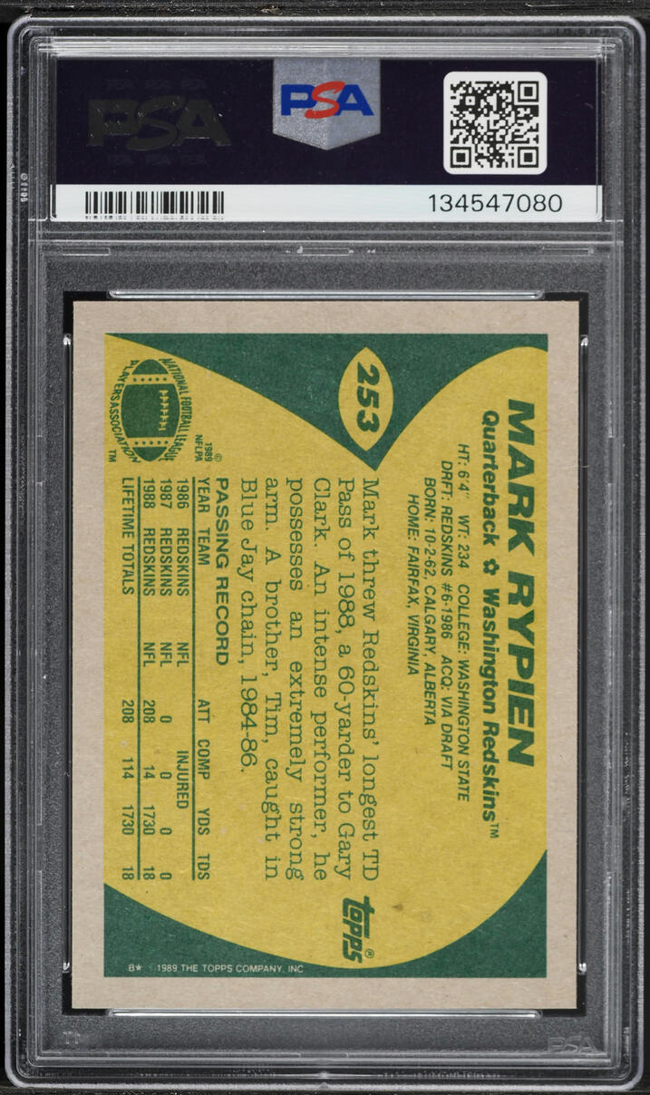 1989 Topps Football Error Mark Rypien #253 PSA 9 MINT