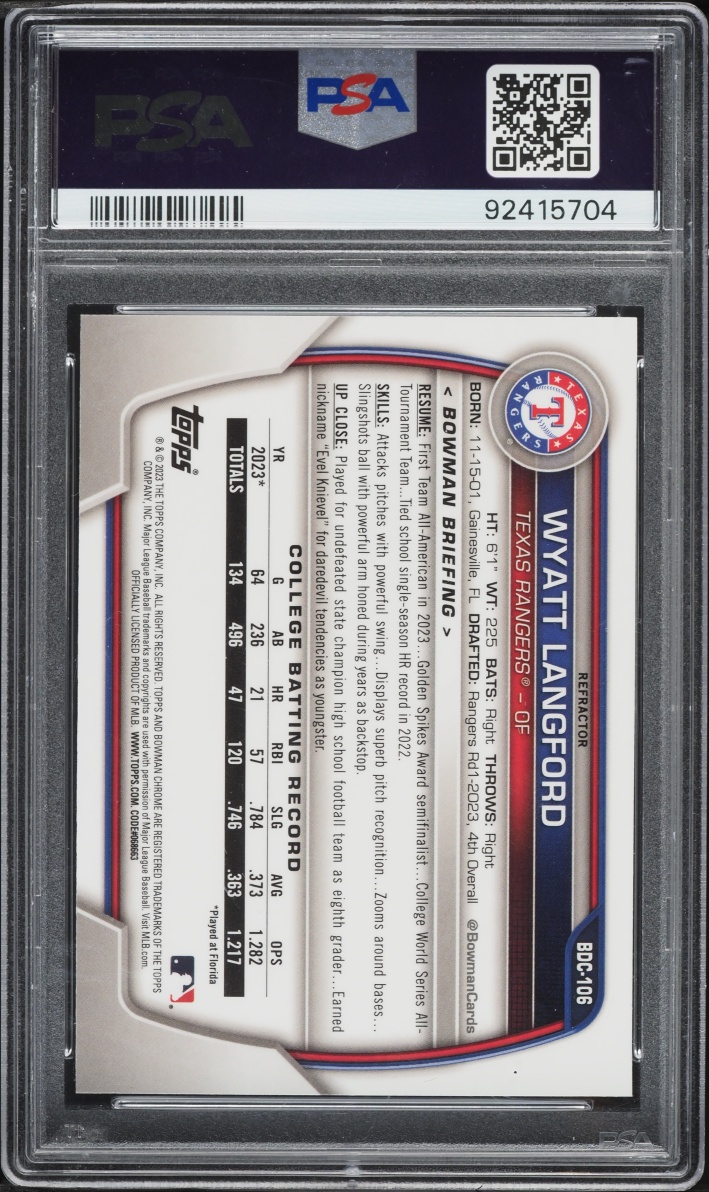 2023 Bowman Chrome Refractor Wyatt Langford PROSPECT #BDC-106 PSA 10 GEM MINT