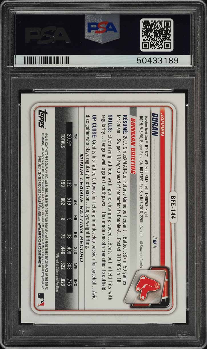 2020 Bowman 1st Edition Jarren Duran PROSPECT #BFE-144 PSA 10 GEM MINT