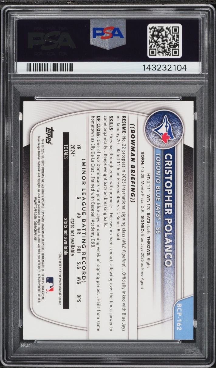 2025 Bowman Chrome Fuchsia Shimmer Cristopher Polanco PROSPECT /199 #BCP162 PSA 10 GEM MINT