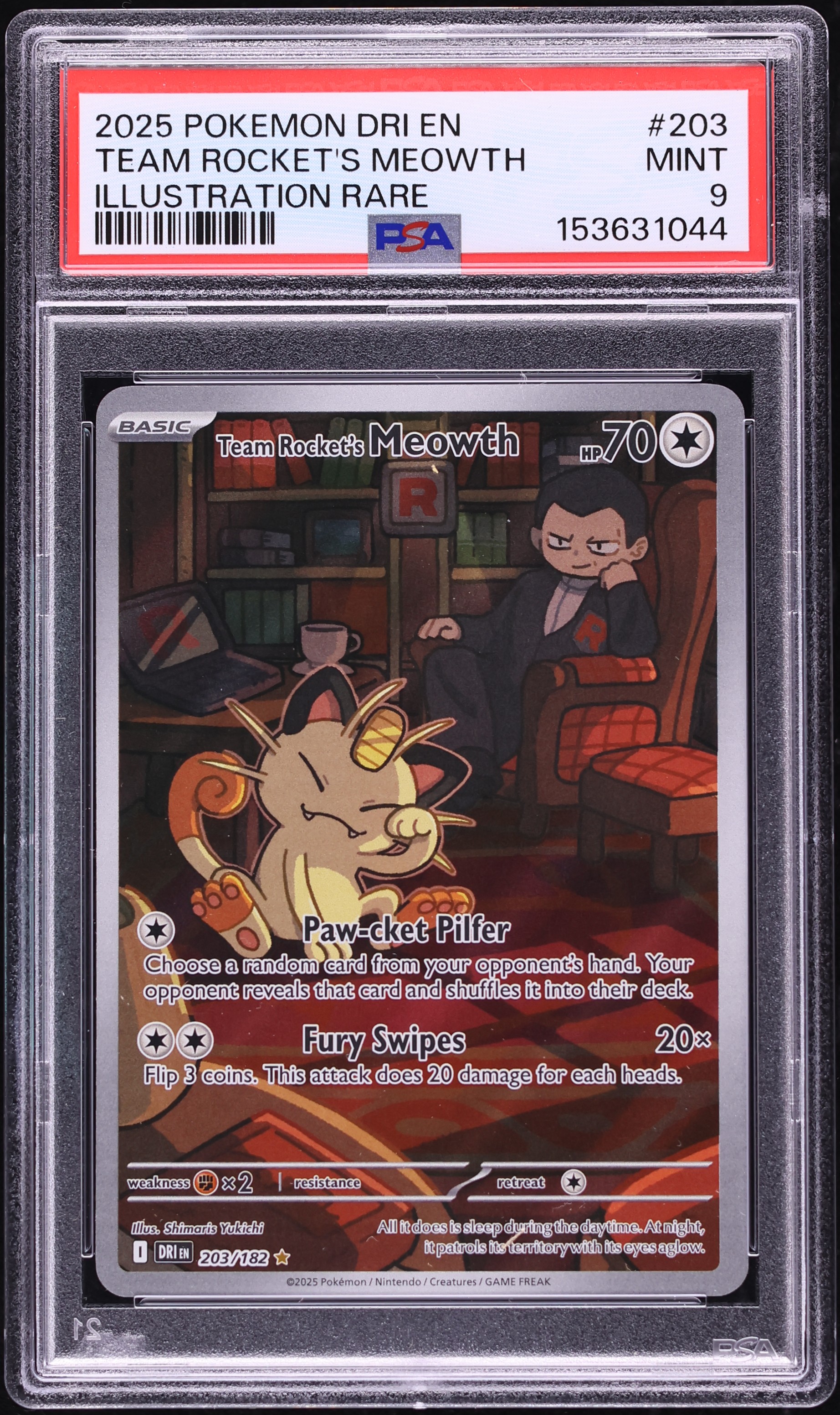2025 Pokemon Scarlet & Violet Destined Rivals IR Team Rocket's Meowth #203 PSA 9 MINT