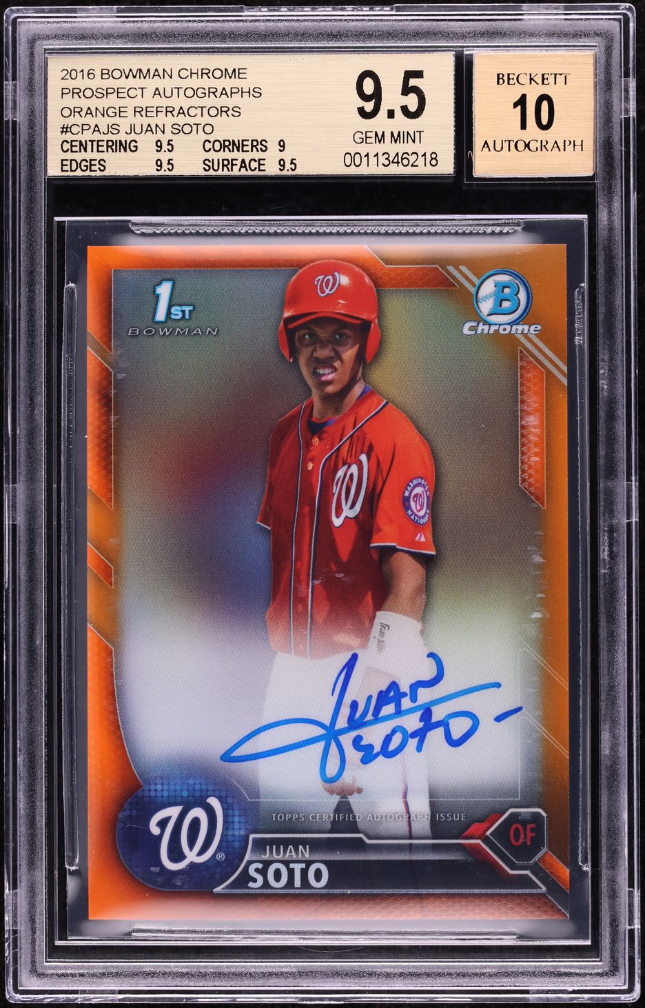 2016 Bowman Chrome Orange Refractor Juan Soto PROSPECT AUTO /25 #CPA-JS BGS 9.5