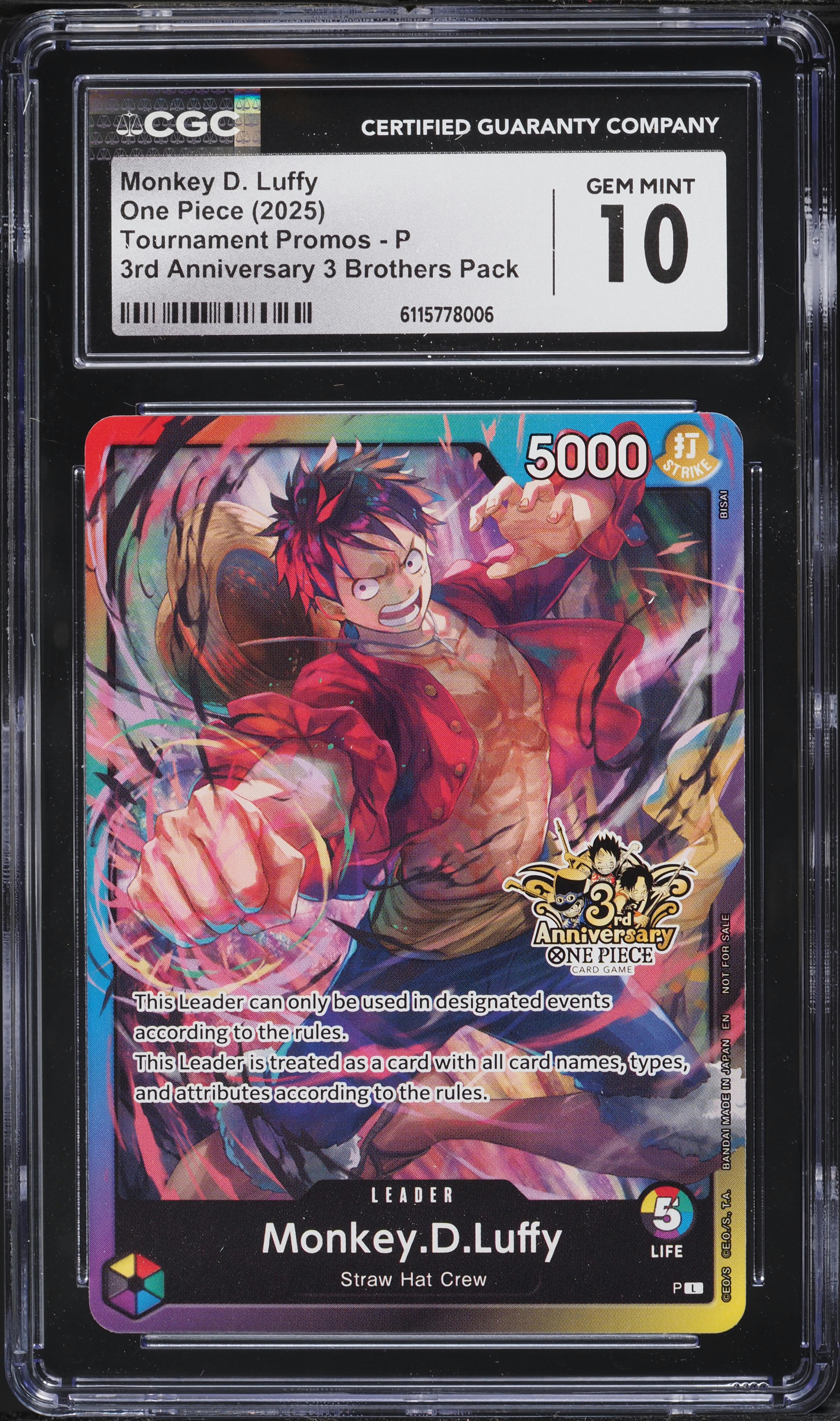 2025 One Piece Tournament Promo 3rd Anniversary 3 Brothers Monkey D. Luffy CGC 10 GEM MINT