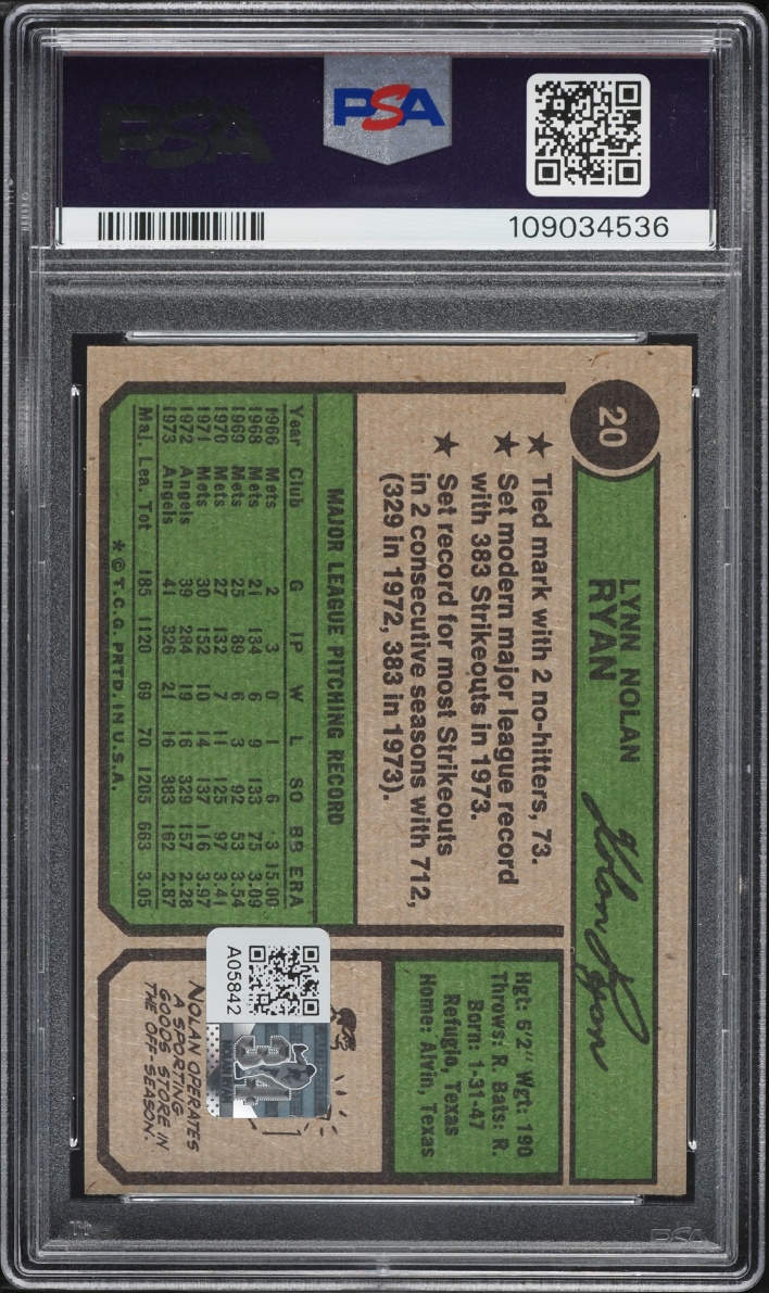 1974 Topps Nolan Ryan AUTO DNA 10 #20 PSA 4 VGEX