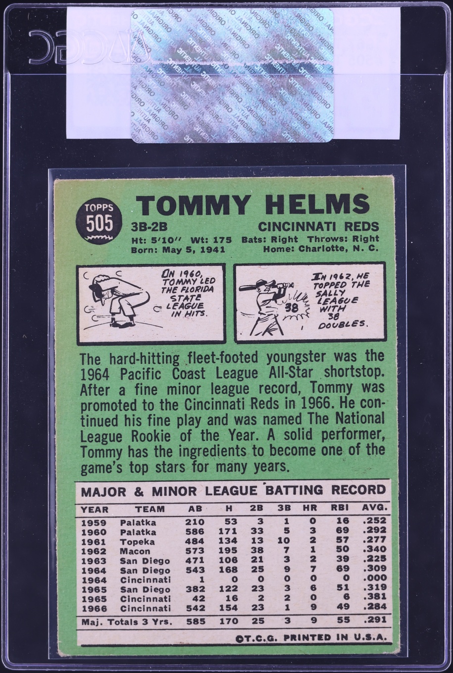 1967 Topps Tommy Helms #505 CGC AUTH