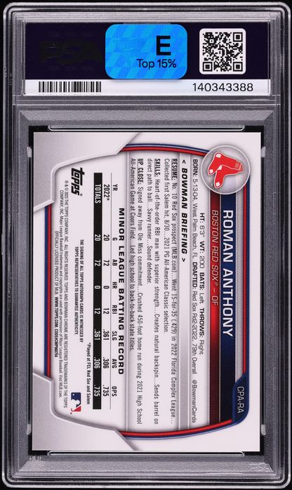 2023 Bowman Chrome Pearl Refractor Roman Anthony PROSPECT AUTO /10 #CPA-RA PSA 10 GEM MINT