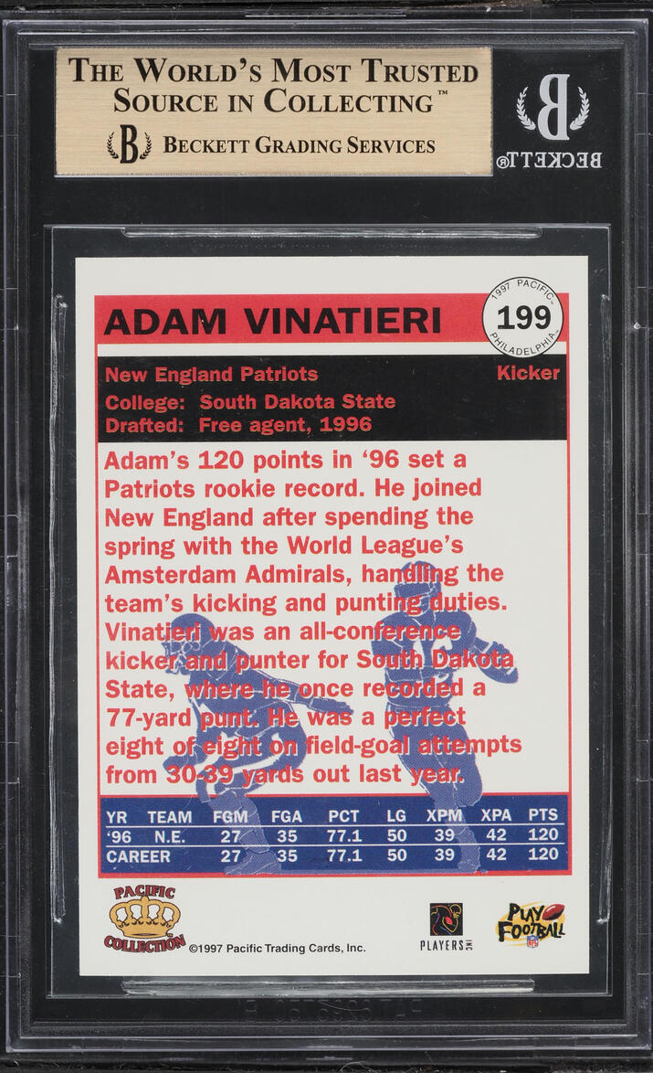 1997 Pacific Philadelphia Adam Vinatieri ROOKIE #199 BGS 9.5 GEM MINT
