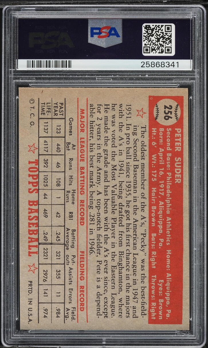 1952 Topps Pete Suder #256 PSA 7 NRMT