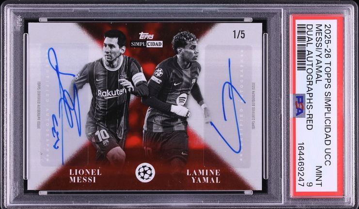 2025 Topps Simplicidad UEFA Club Competitions Dual Red Lionel Messi Lamine Yamal AUTO 1/5 PSA 9
