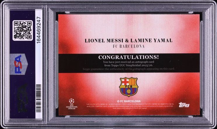 2025 Topps Simplicidad UEFA Club Competitions Dual Red Lionel Messi Lamine Yamal AUTO 1/5 PSA 9