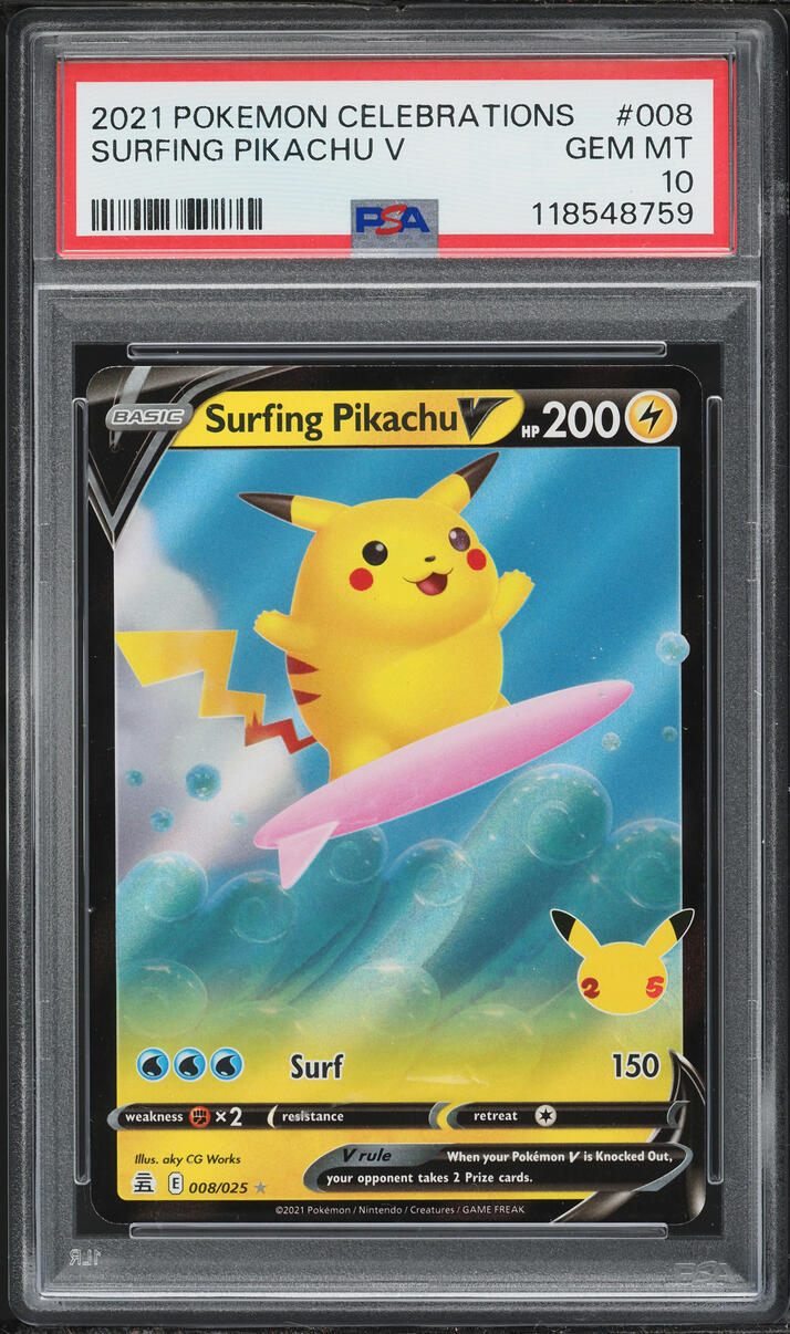 2021 Pokemon Sword & Shield Celebrations Surfing Pikachu V #8 PSA 10 GEM MINT