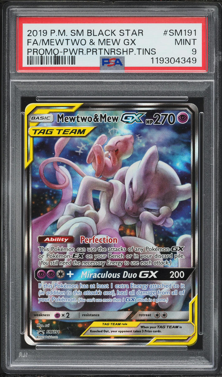 2019 Pokemon Sun & Moon Promo Power Partnership Tins Full Art Mewtwo & Mew GX #SM191 PSA 9 MINT